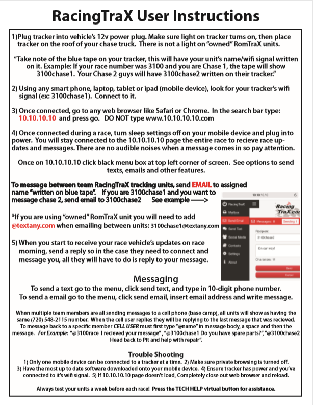 RacingTraX User Instructions